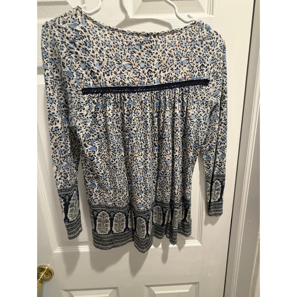 Lucky Brand Blue Floral Paisley Tassel Peasant Top Small Boho Crochet Trim - Picture 3 of 4